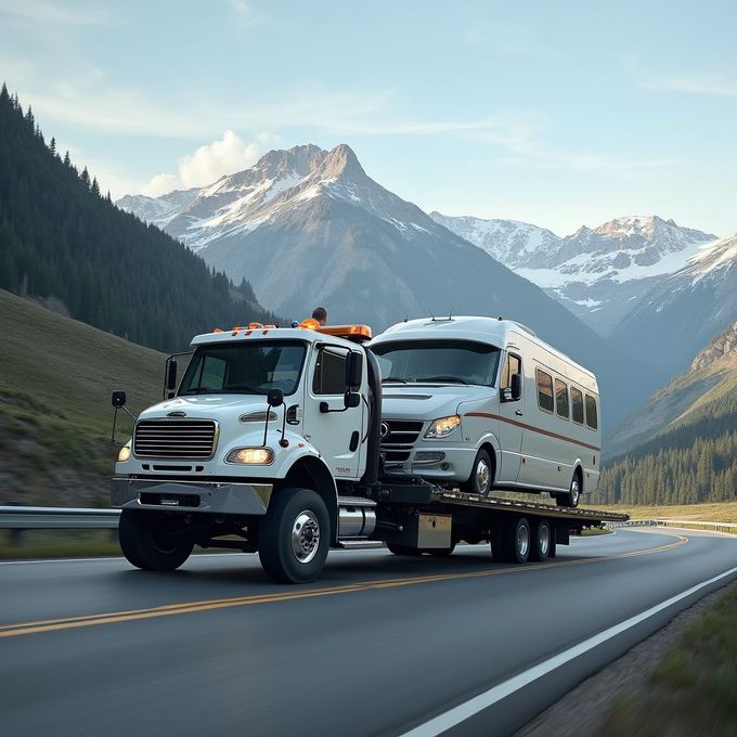 Tow truck hauling a bus on a mountain road. Snow-capped peaks in the background, blue sky.