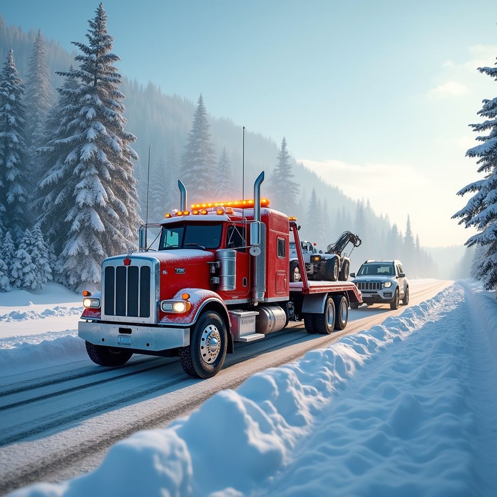 Red tow truck towing a car on a snowy road in a forest. Bright sunny day.