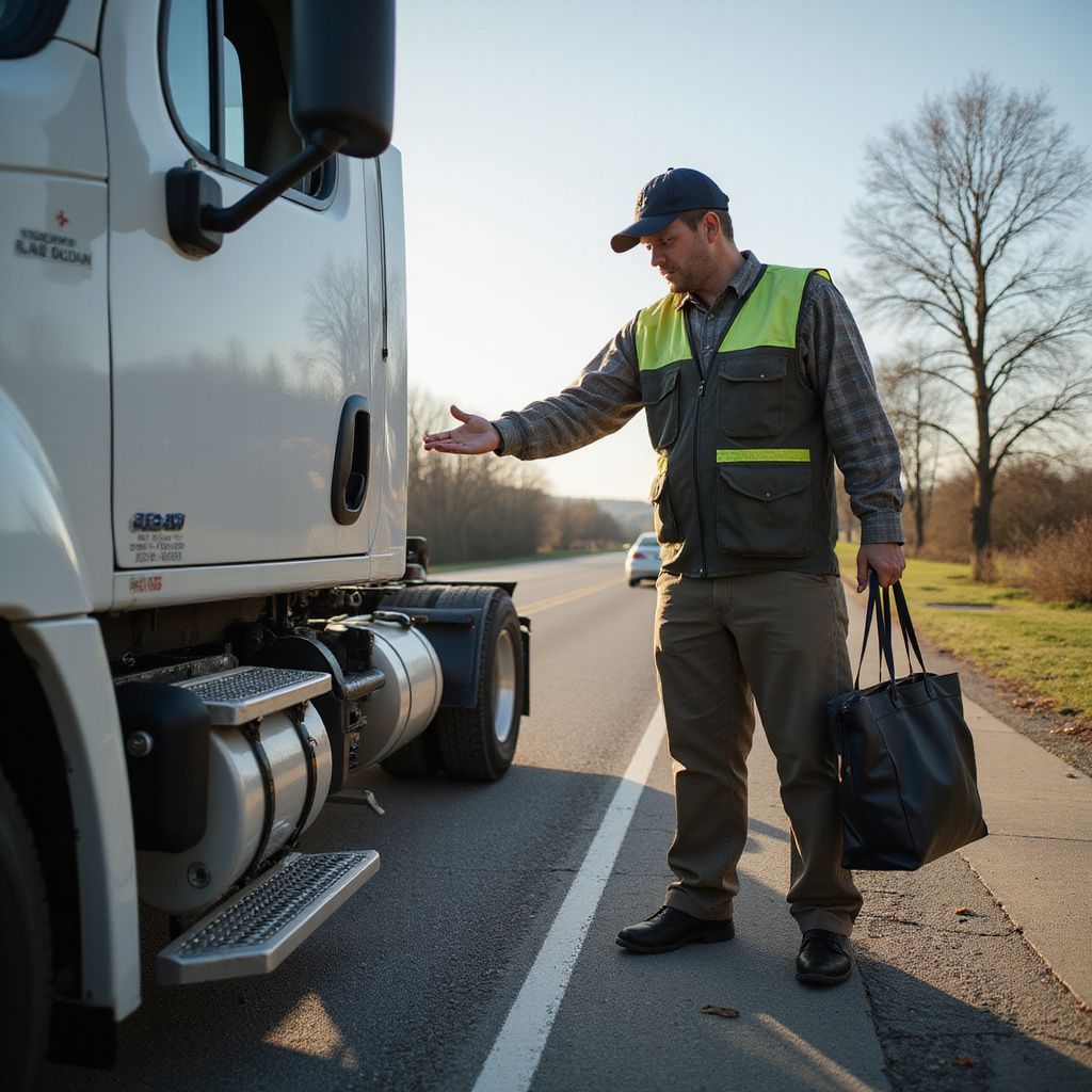 Truck driver in a reflective vest on the roadside, holding a bag, with a truck and car in the background.