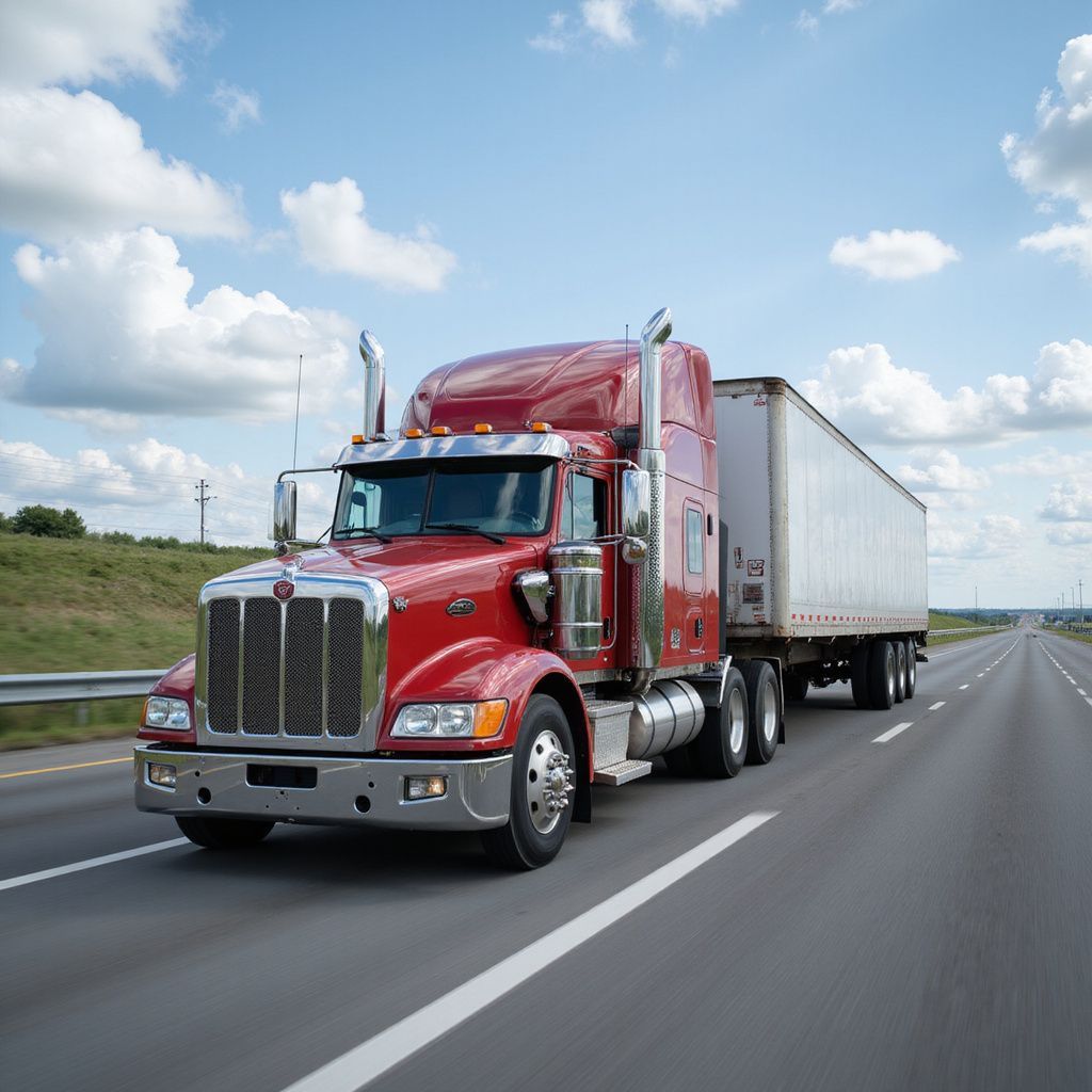 Red semi-truck driving on a highway with a blue sky and white clouds.