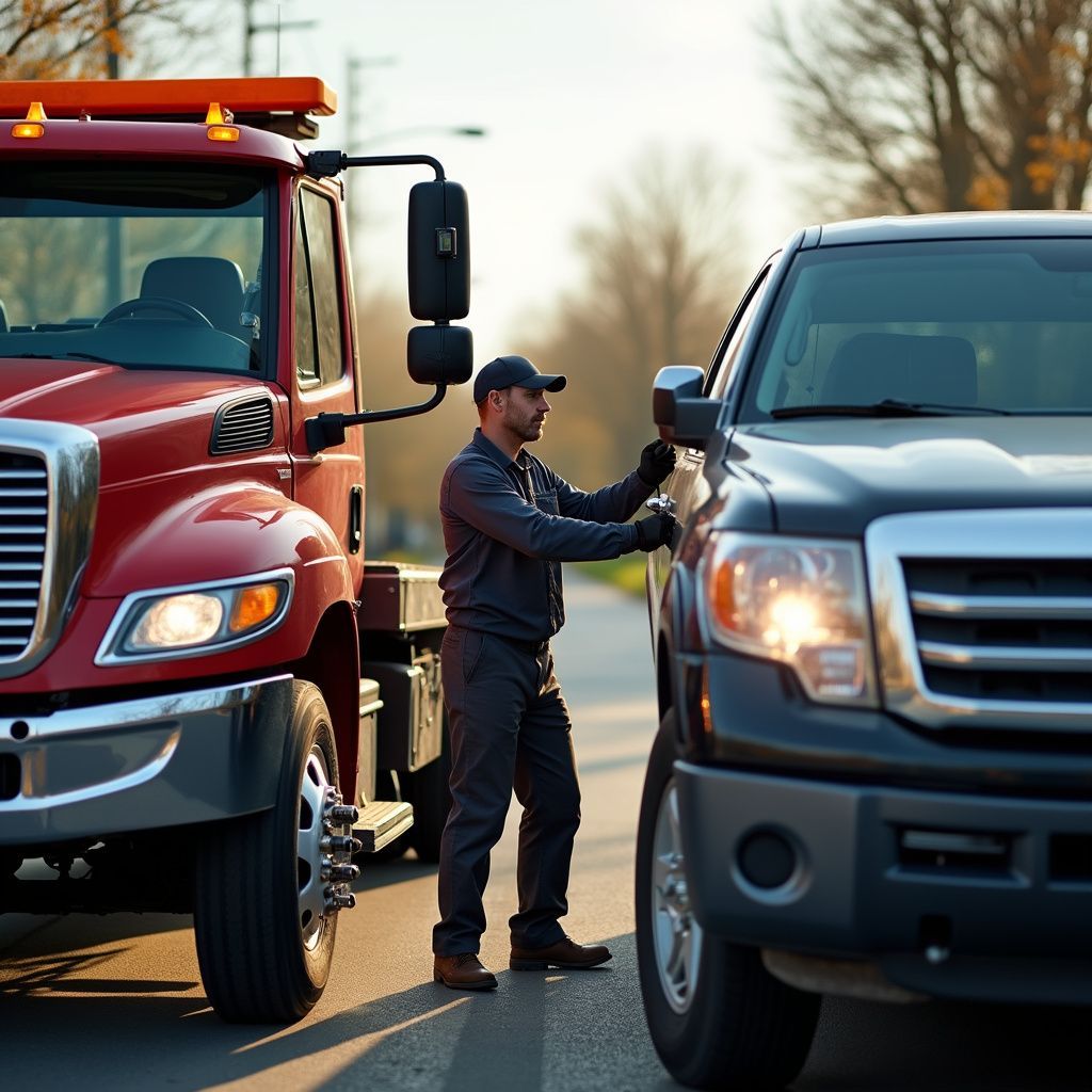 Tow truck operator prepares to tow a black truck on a road. Red tow truck on left, daytime.