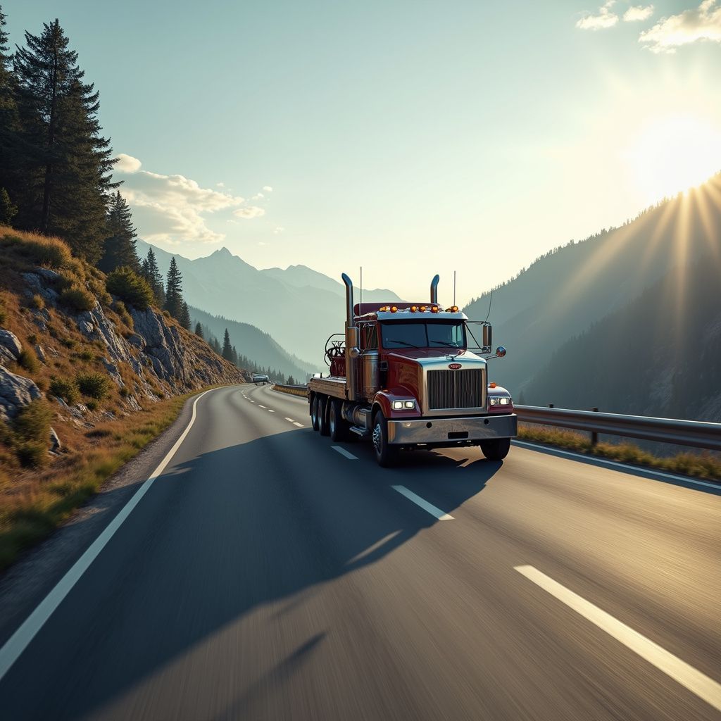 Red semi-truck driving on a mountain road with the sun shining; trees and mountains in the background.