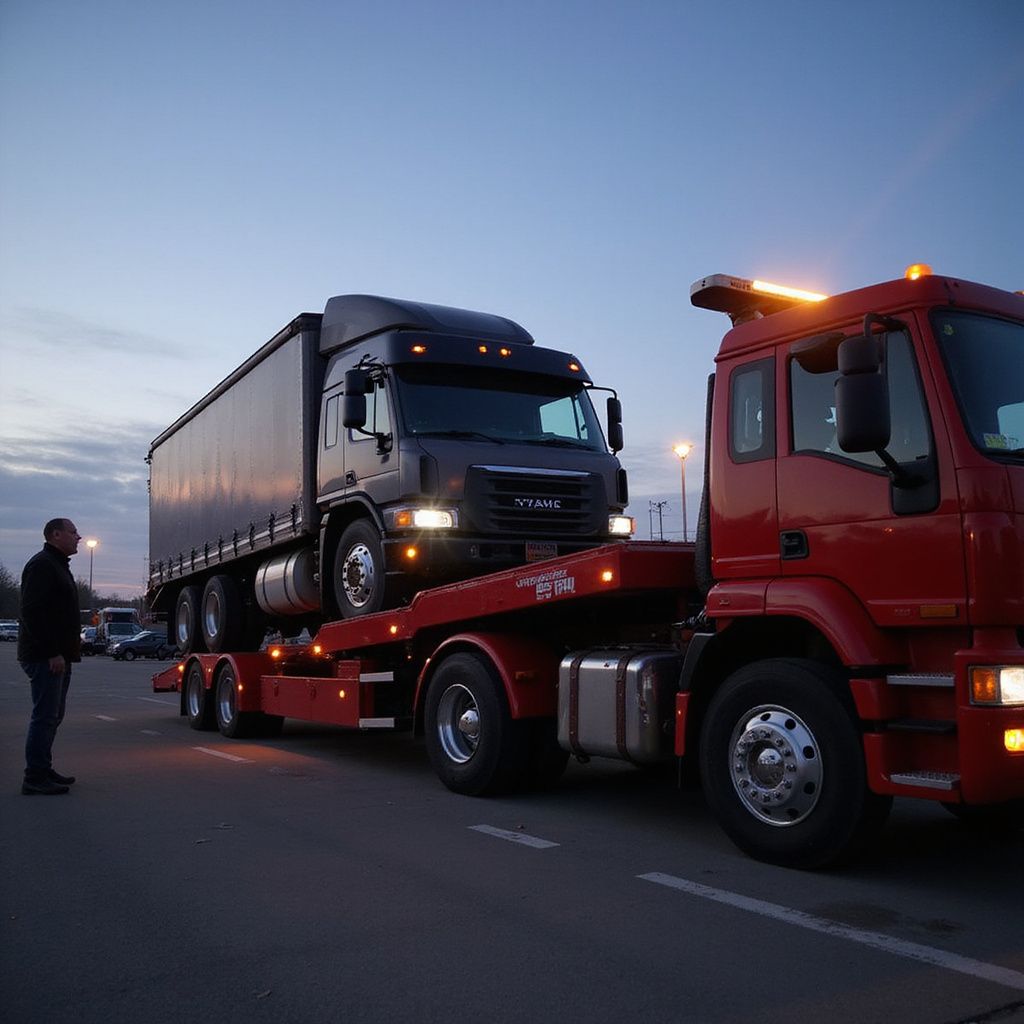 A red tow truck carrying a black semi-truck on a flatbed. A man stands nearby in a twilight setting.