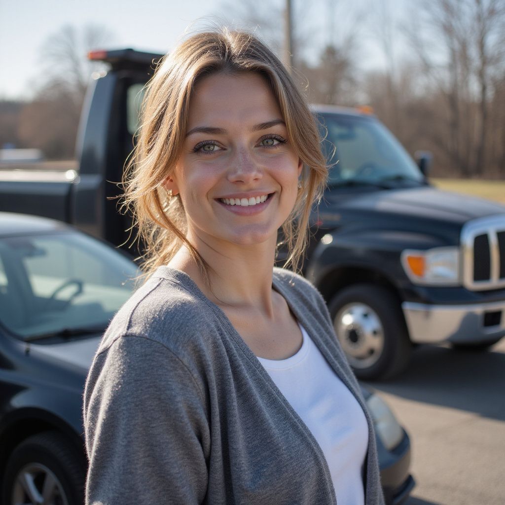 Woman smiles at the camera, standing by a black car and tow truck on a sunny day.