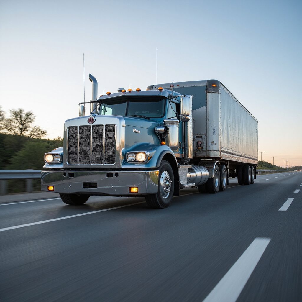 Blue semi-truck driving on a highway. The trailer is attached.