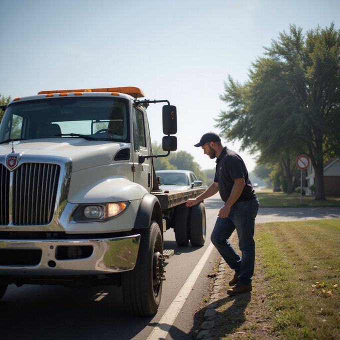 Tow truck operator assisting a car on the side of a road.