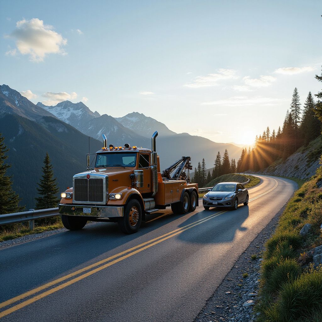 Orange tow truck towing silver car on winding mountain road at sunset.