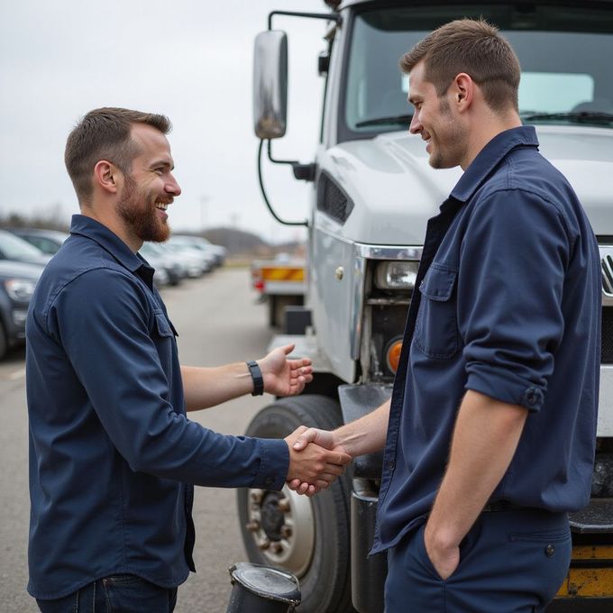 Two men in blue shirts shaking hands by a truck in a parking lot, smiling.