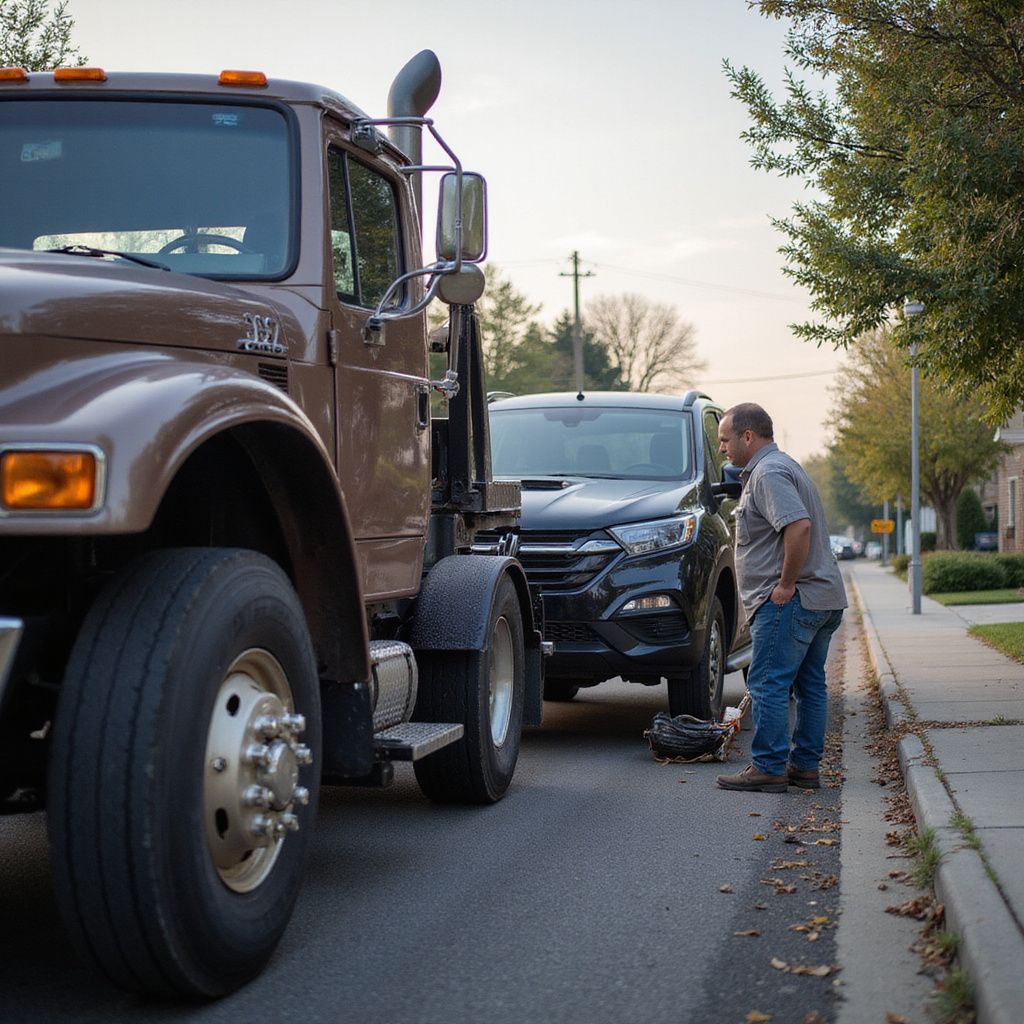 Brown tow truck towing a black SUV on a residential street. A man inspects the equipment.