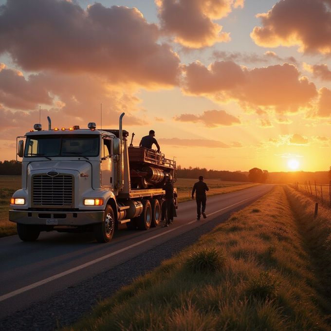 A white tanker truck on a road at sunset, with two figures near it. Golden light fills the sky and landscape.