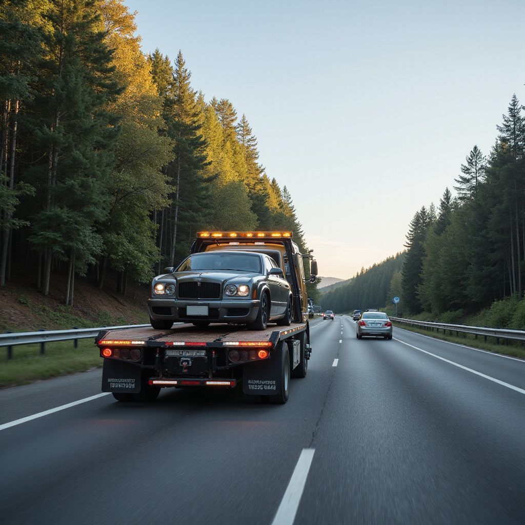 Tow truck carrying a car on a highway, trees in the background, daytime.