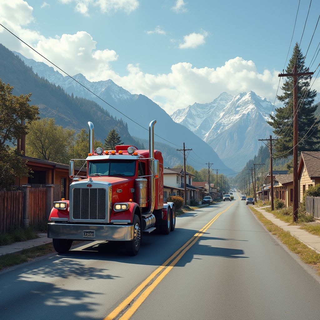 Red semi-truck drives down a road in a town with mountains in the background, under a bright blue sky.