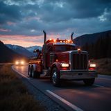 Red semi-truck driving on a road at dusk, mountains in the background, another car ahead.