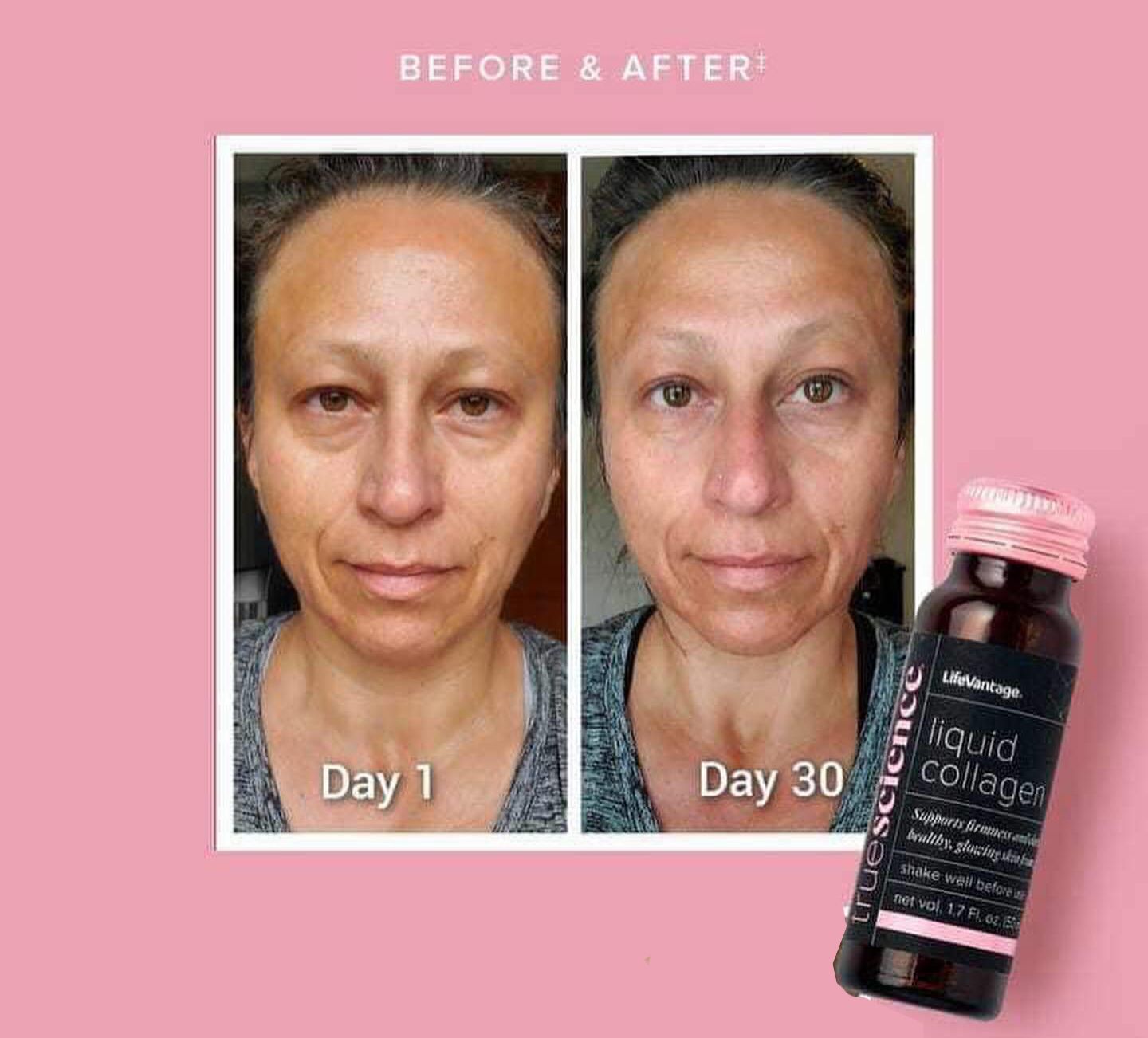 A woman 's face is shown before and after using liquid collagen.