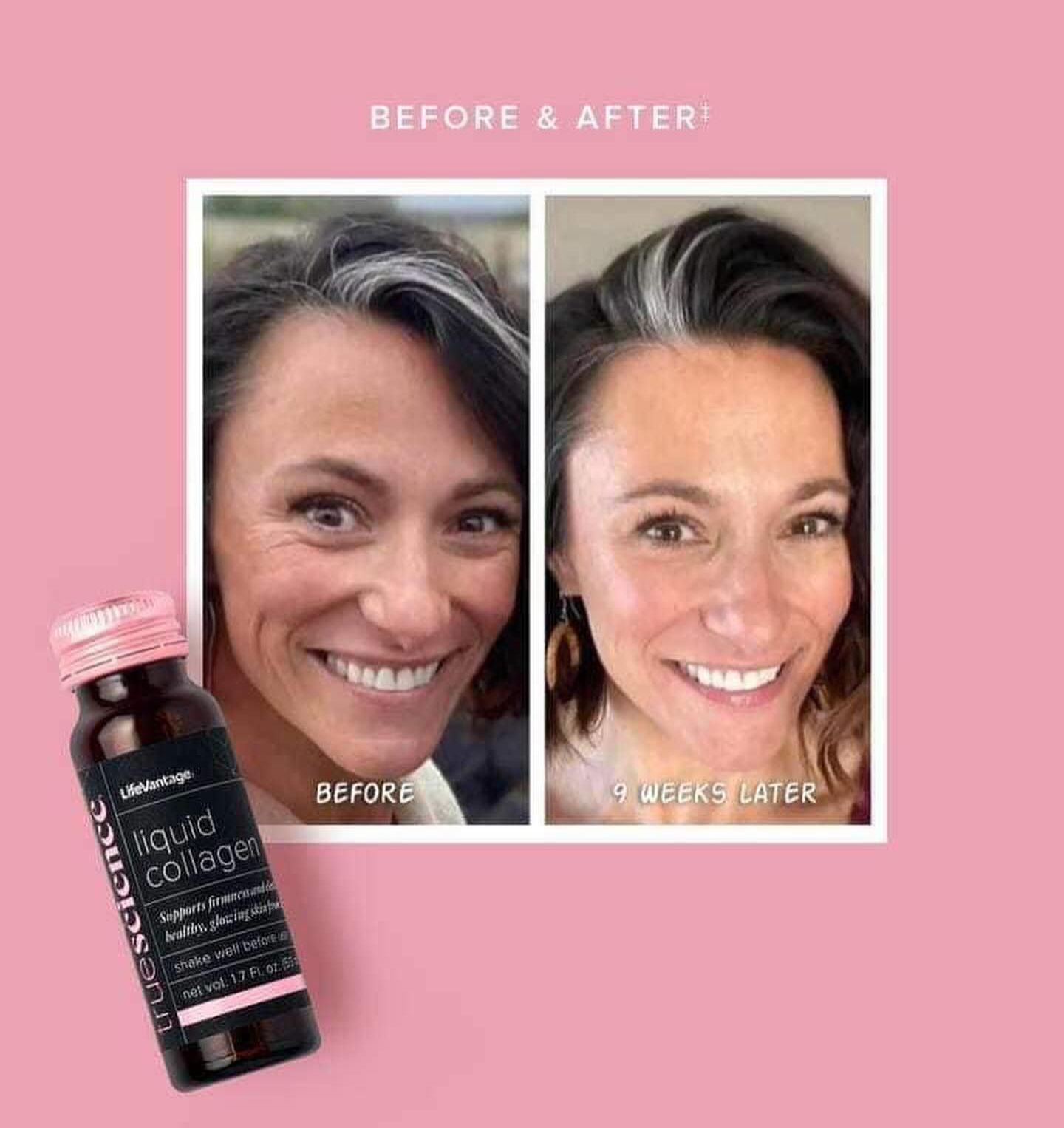 A woman is smiling in front of a bottle of liquid collagen.