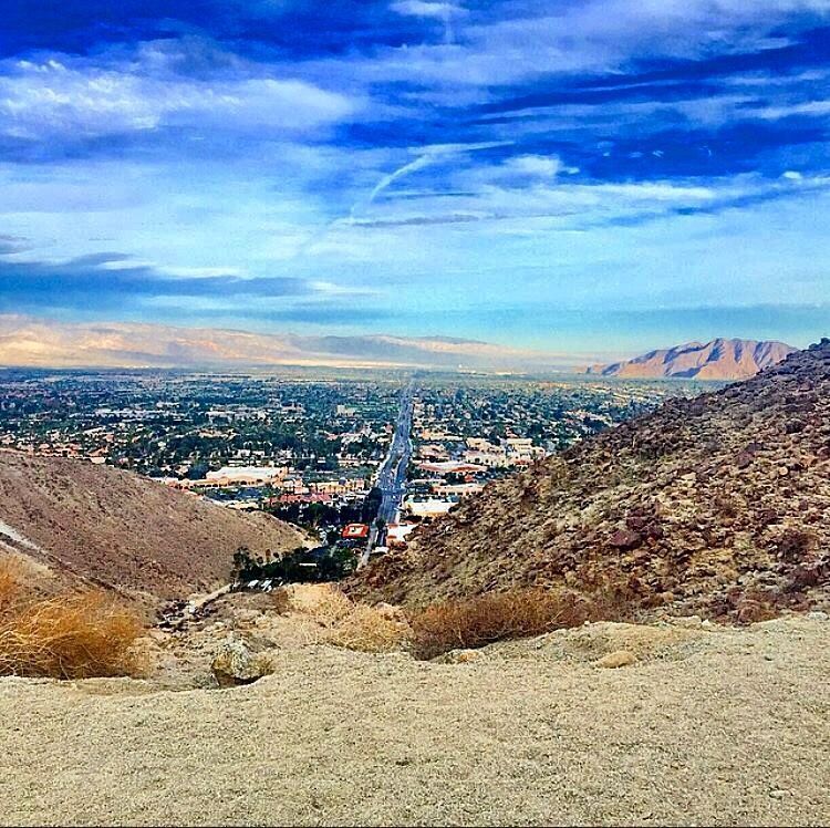 A view of a city from the top of a hill.