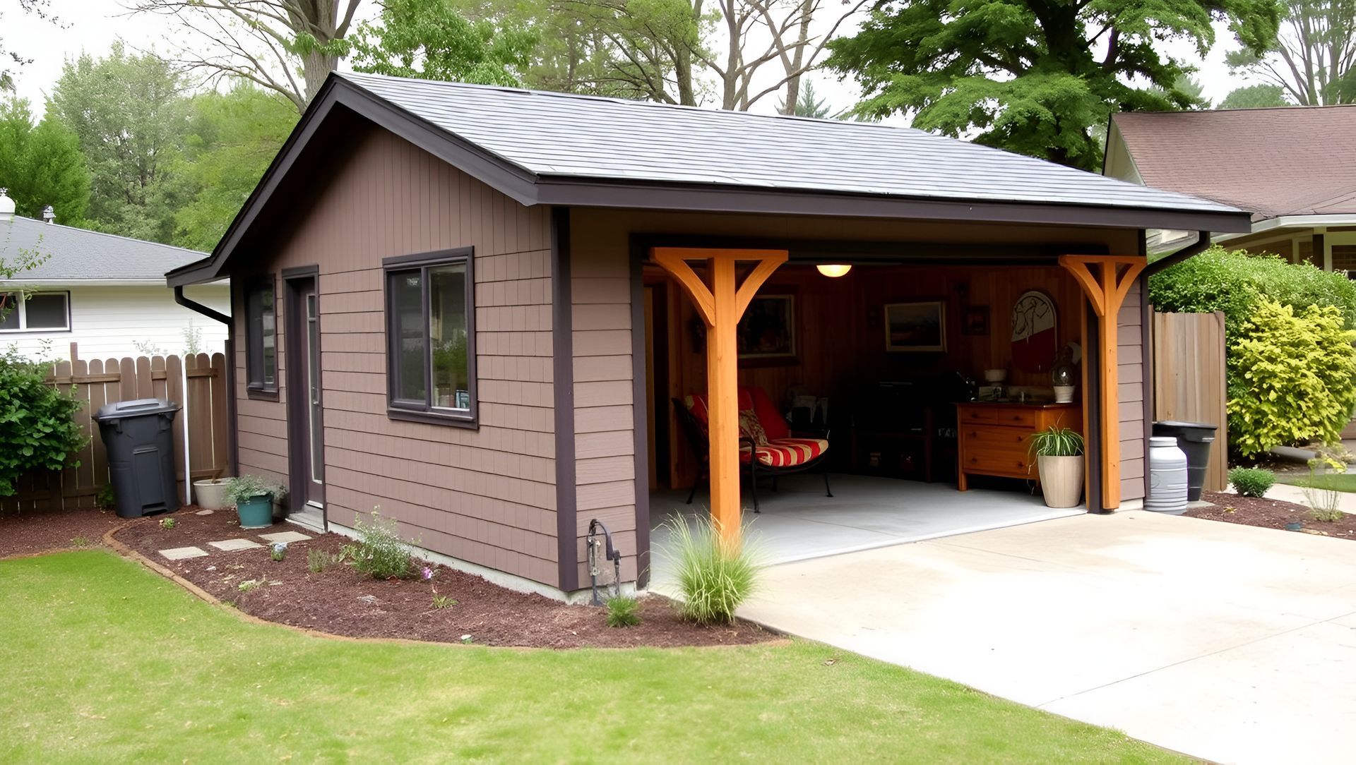 A garage with a porch and a chair in it