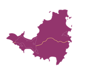 Map of Saint Martin in purple with a tan road.