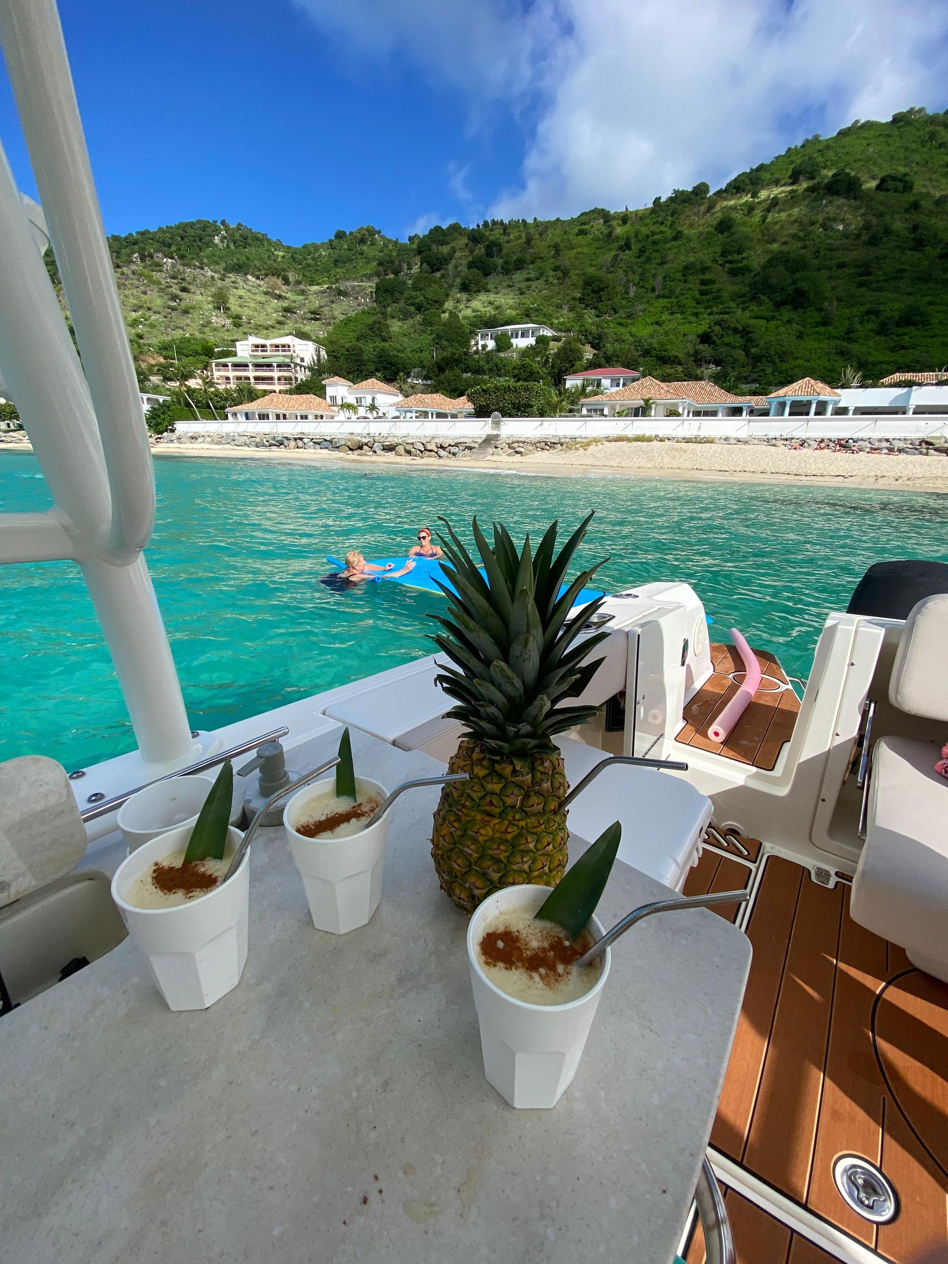 Pineapple and drinks on a boat, turquoise water, green hillside.