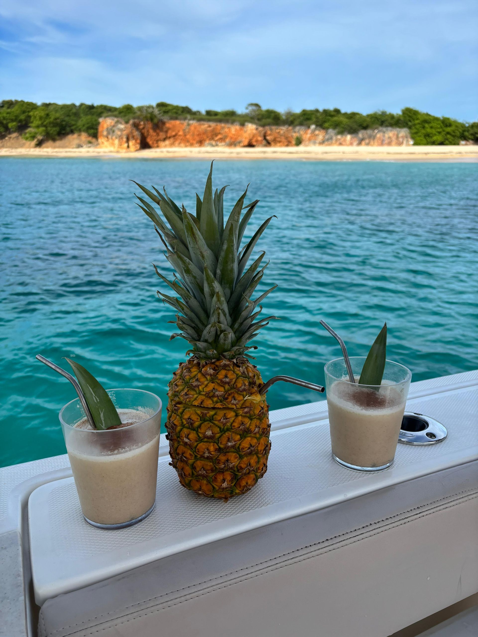 Two cocktails and a pineapple on a boat overlooking a blue ocean and cliffs under a blue sky.