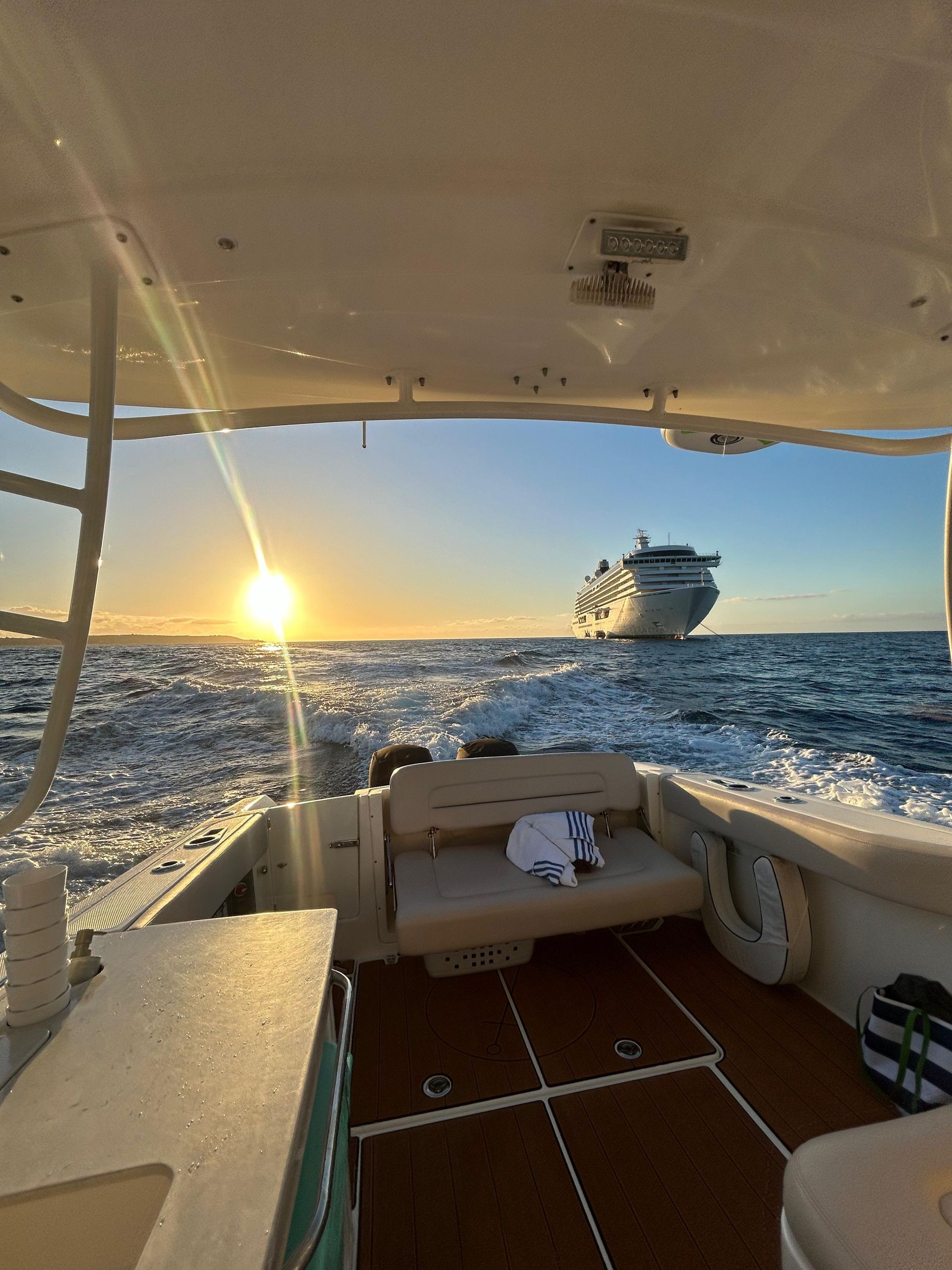Boat on the ocean at sunset, with cruise ship in the distance; golden light on water.