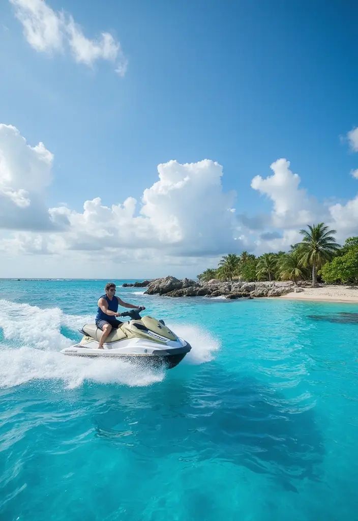 Man on a jet ski, cruising over turquoise water, with a tropical island in the background under a blue sky.