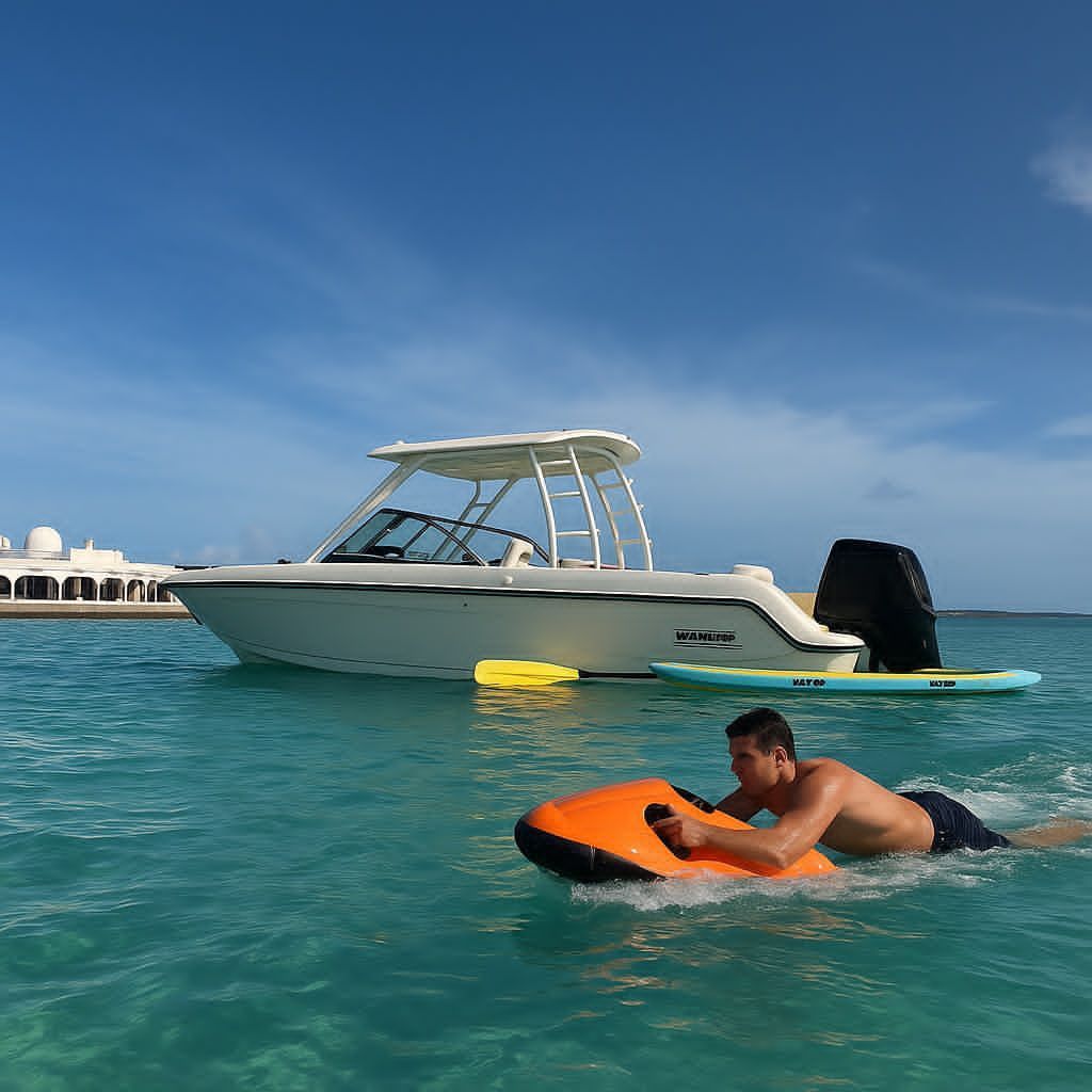 Man on orange water scooter swims near a boat in clear blue ocean under blue sky.