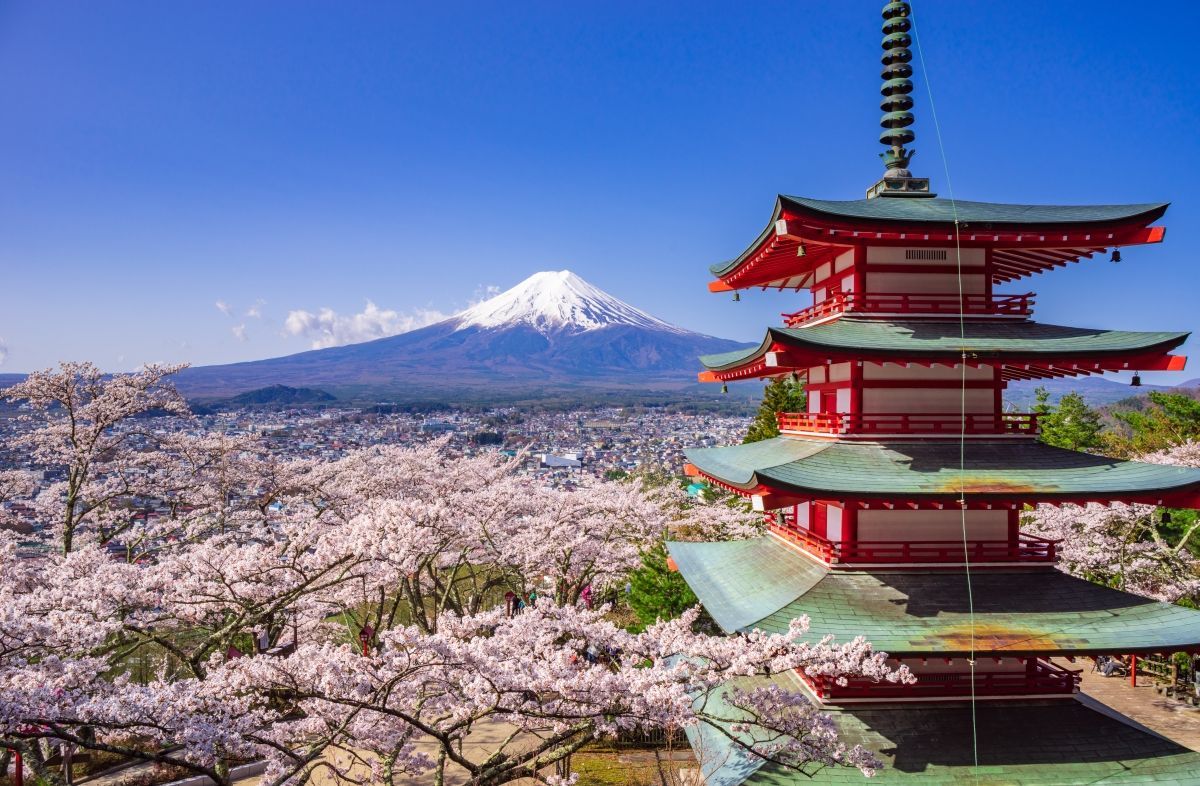 Chureito Pagoda in spring with view of Mt Fuji