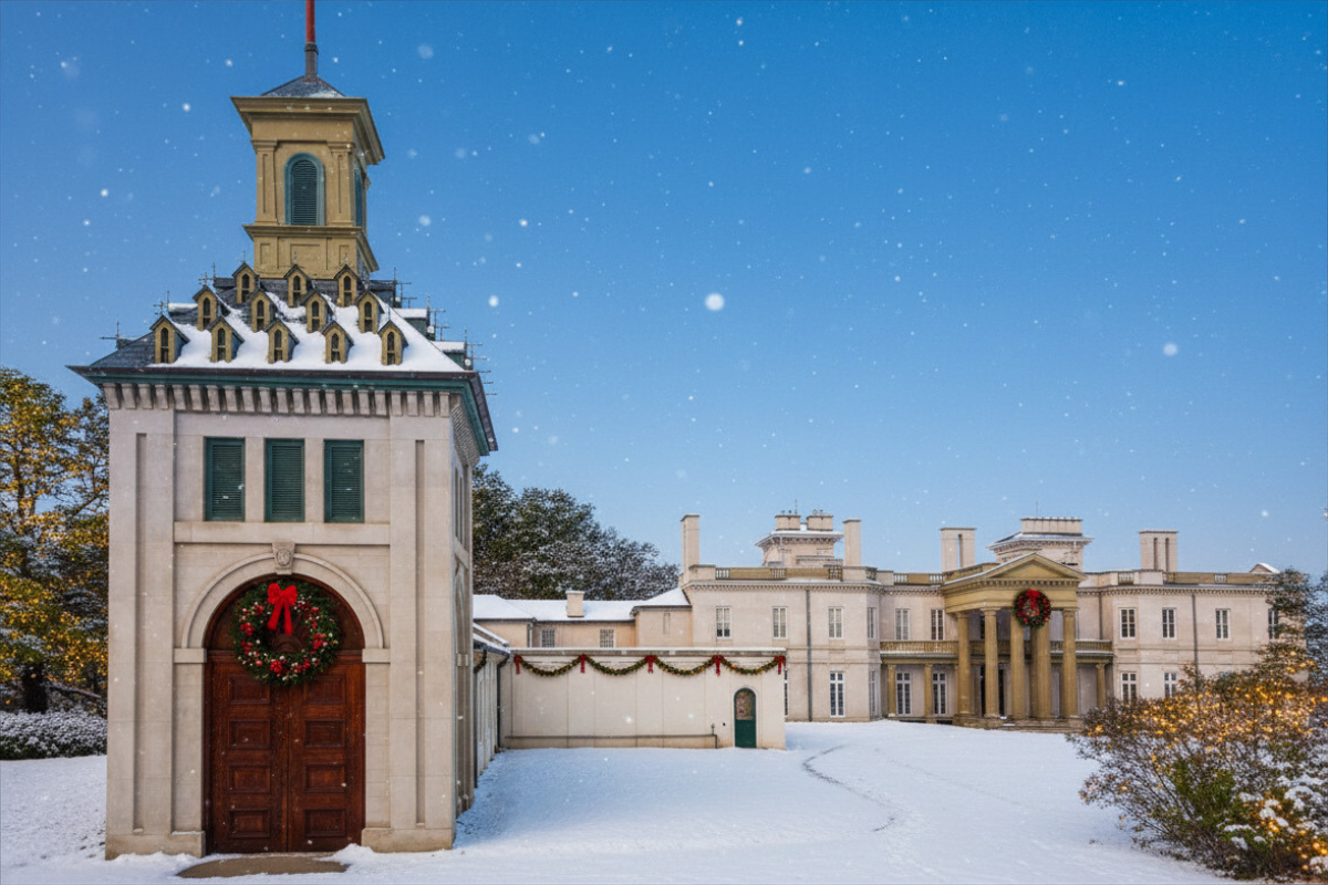 Snow-covered courtyard with a decorated gatehouse and historic building under a blue winter sky