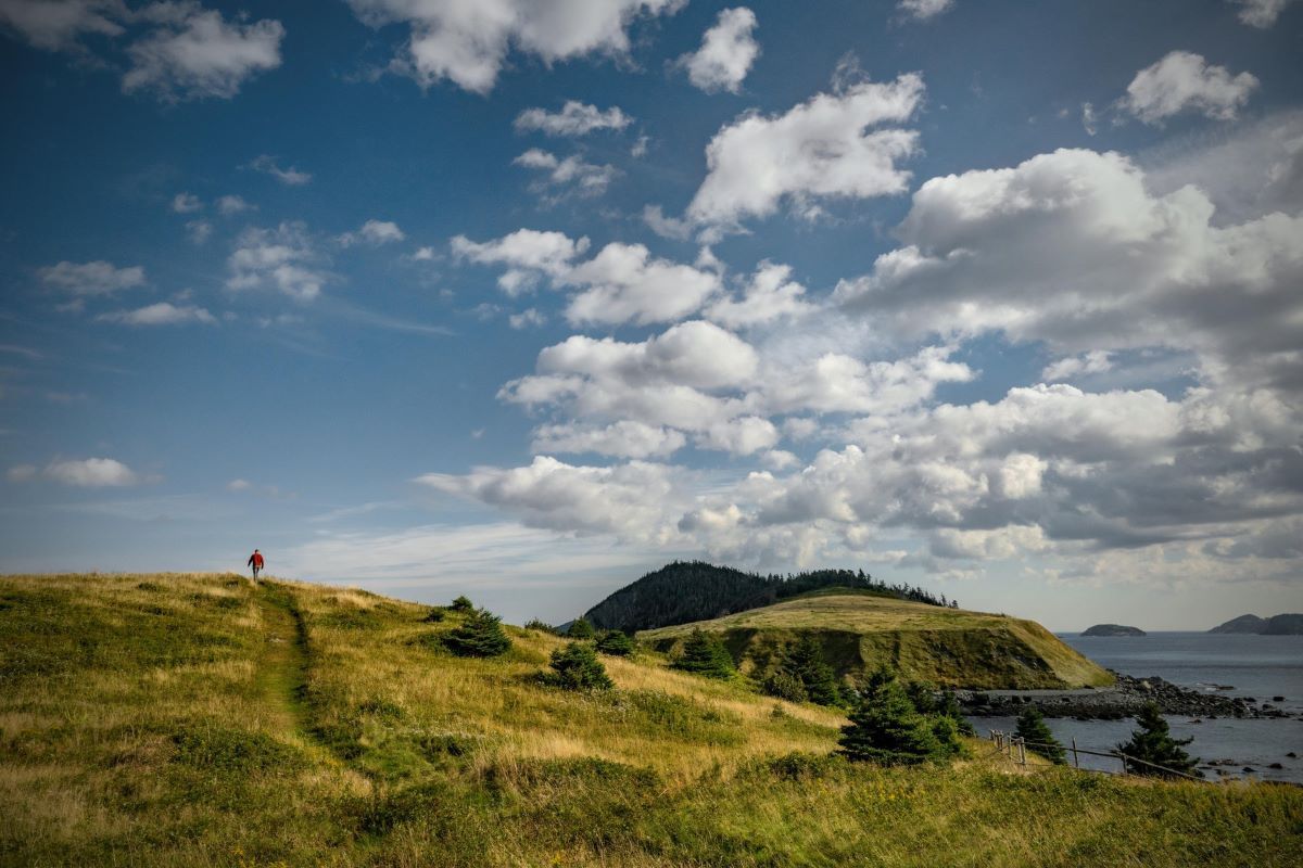 Grassy coastal hill under a partly cloudy blue sky, with ocean and distant landforms.