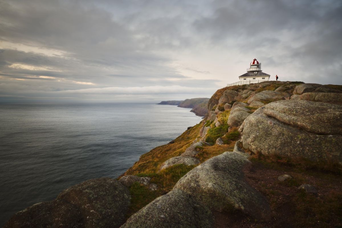 Lighthouse on a cliff overlooking the ocean under a cloudy sky.