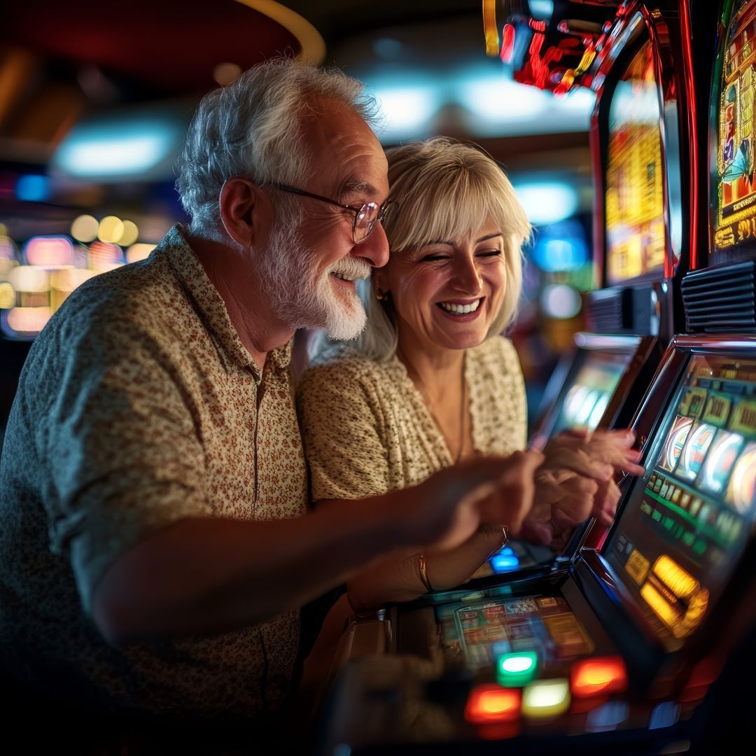 Smiling older couple playing slot machines in a casino.