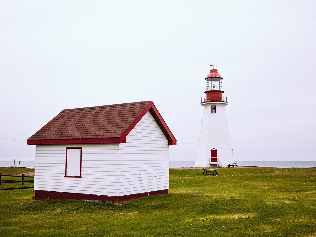 White lighthouse and small building with red trim on a grassy field under a gray sky.