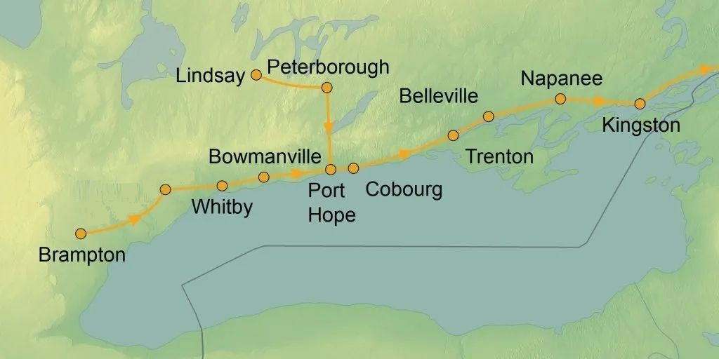 Map with an orange line indicating a route through Ontario, Canada, passing cities like Toronto, Ottawa, and Kingston.