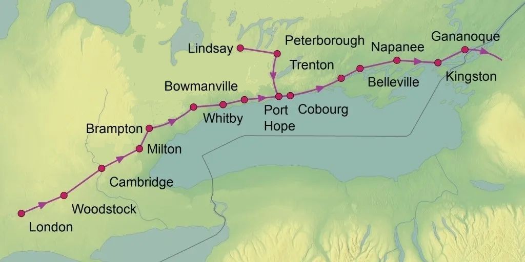 Map showing a train route in Ontario, Canada, from London to Gananoque.