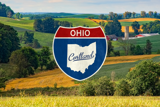 Ohio highway sign with the state outline superimposed on a rural landscape of green hills and fields.