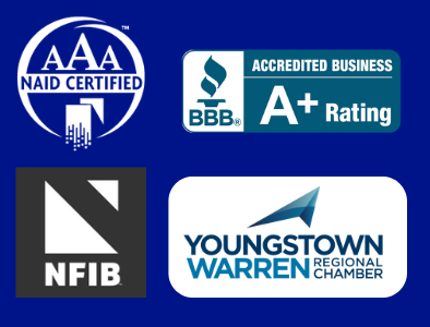 Logos: NAID Certified, BBB A+ Rating, NFIB, Youngstown/Warren Chamber on blue background.