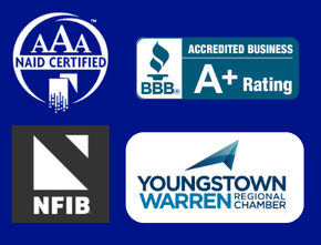 Logos: NAID Certified, BBB A+ Rating, NFIB, Youngstown/Warren Chamber on blue background.