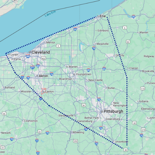 Map showing a dotted outline connecting Cleveland, Akron, Pittsburgh, and Erie, Pennsylvania, in a region of the USA.
