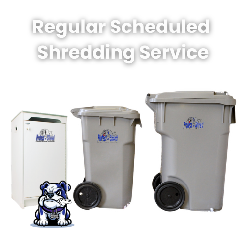 Gray shredding bin and white shredder with bulldog logo, for scheduled document shredding service.