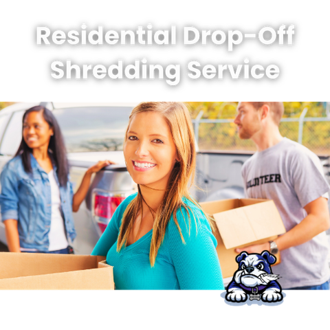 People dropping off boxes at a residential shredding service, a smiling woman is the focus.