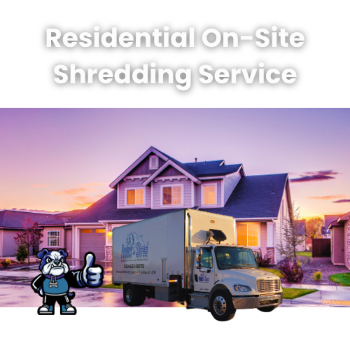 Residential shredding truck in front of a house at sunset, a bulldog gives a thumbs up.