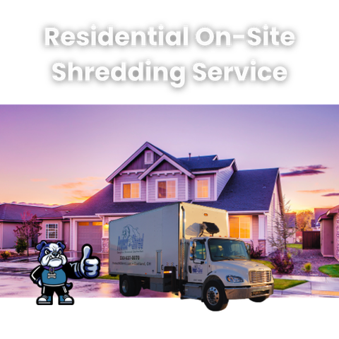 Residential shredding truck in front of a house at sunset, a bulldog gives a thumbs up.