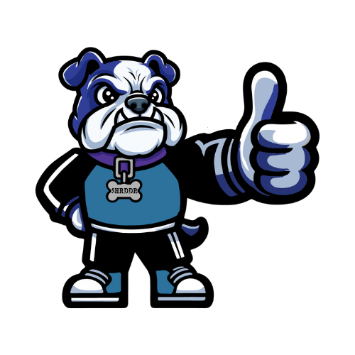 Bulldog mascot with blue and black colors gives a thumbs up.