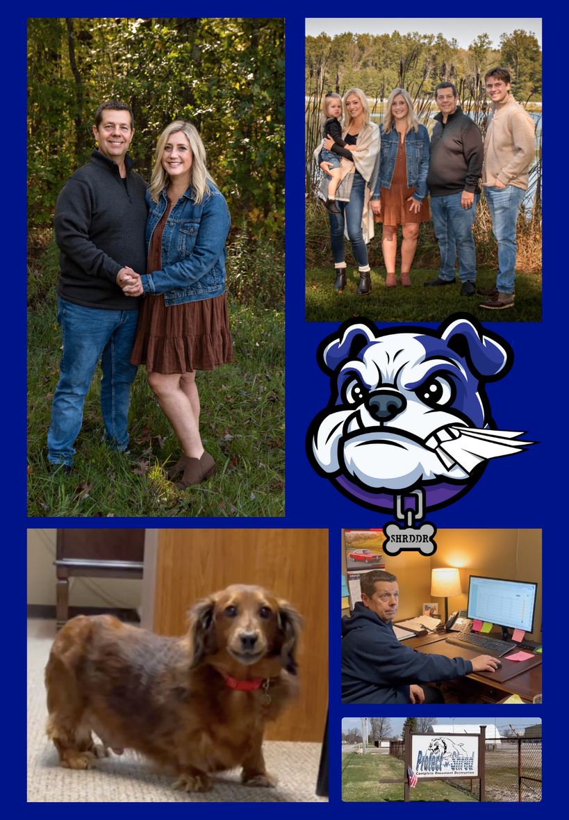Family collage: couples, dog, bulldog logo, person at desk, yard sign. Blue, green, brown.