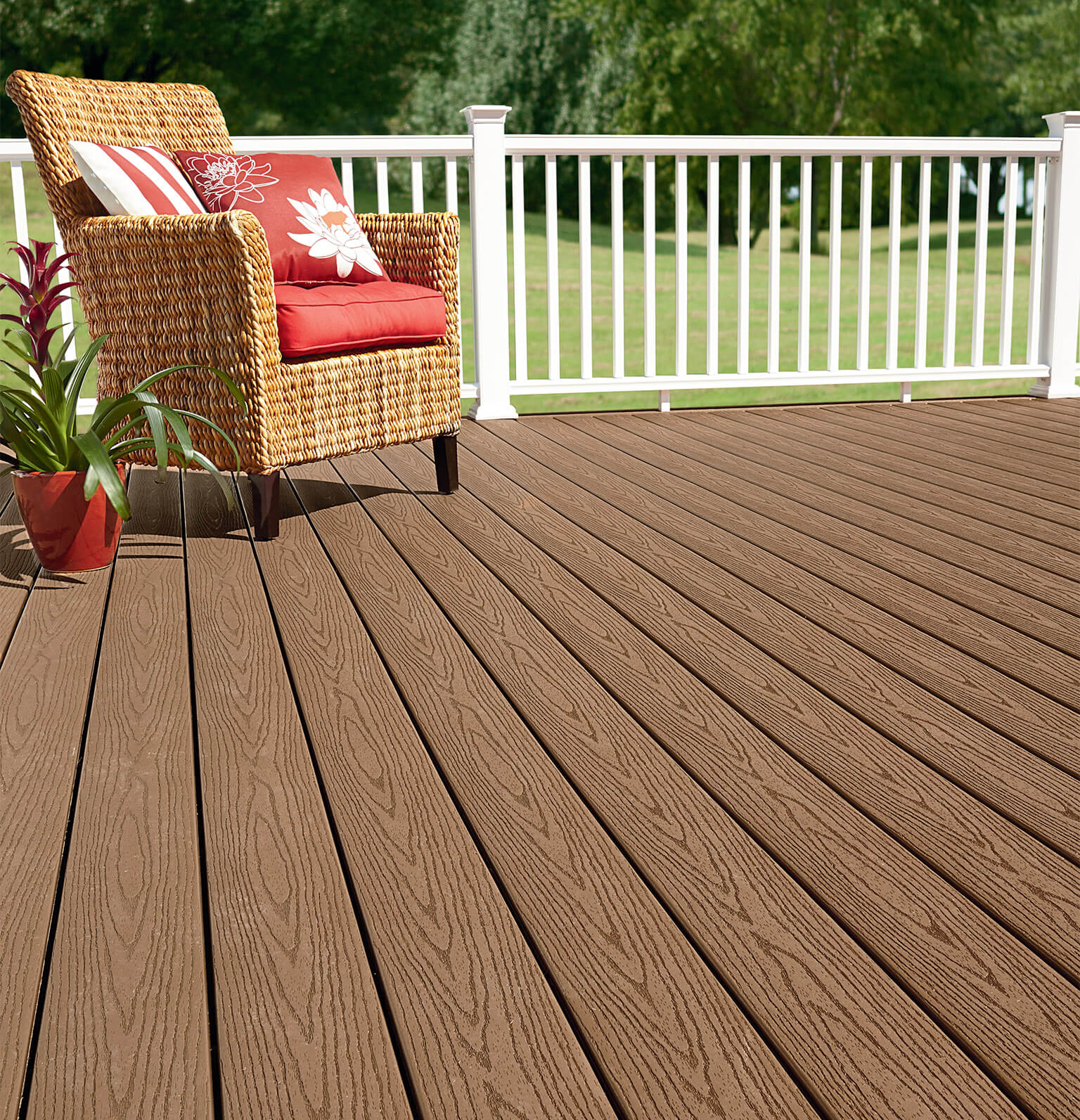 Another great looking synthetic product, a light tan shade of deck board used in a custom deck building project in Rochester NY.