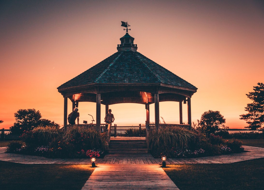 Gorgeous custom pavilion builders Rochester NY pictured at sunset