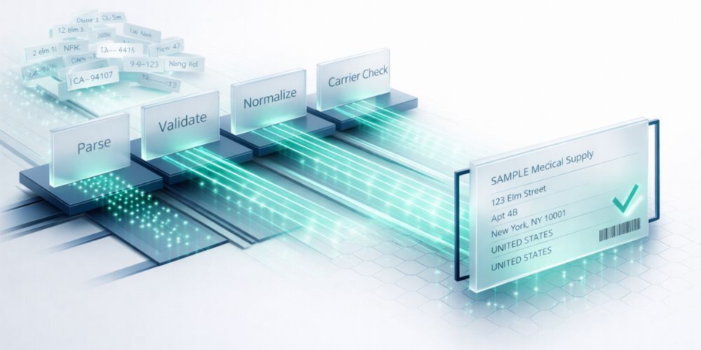 Data validation concept: Light beams flow from data entries to a sample medical record, indicating verification.