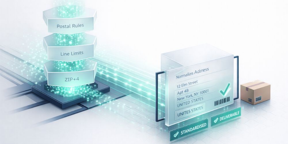 Data processing concept: glowing server transferring data to a shipping label and box.