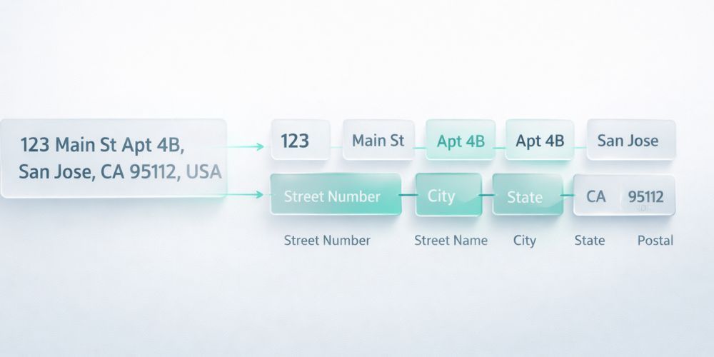 Diagram of address parsing: separating an address into street number, street name, apartment number, city, state, and postal code.